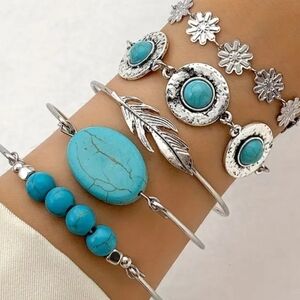 5 piece Turquoise and Silver tone Bracelet set